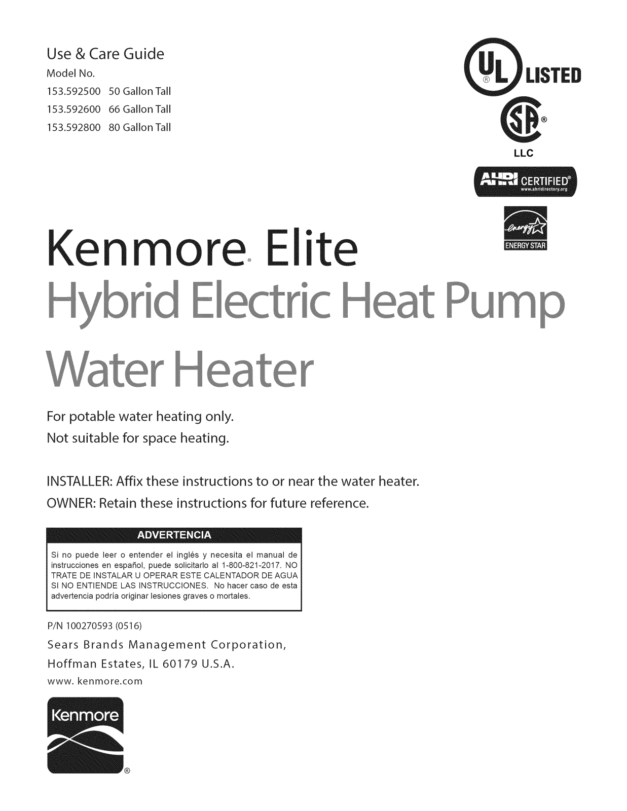 Kenmore Elite 153592500, 153592600, 153592800 Owner’s Manual