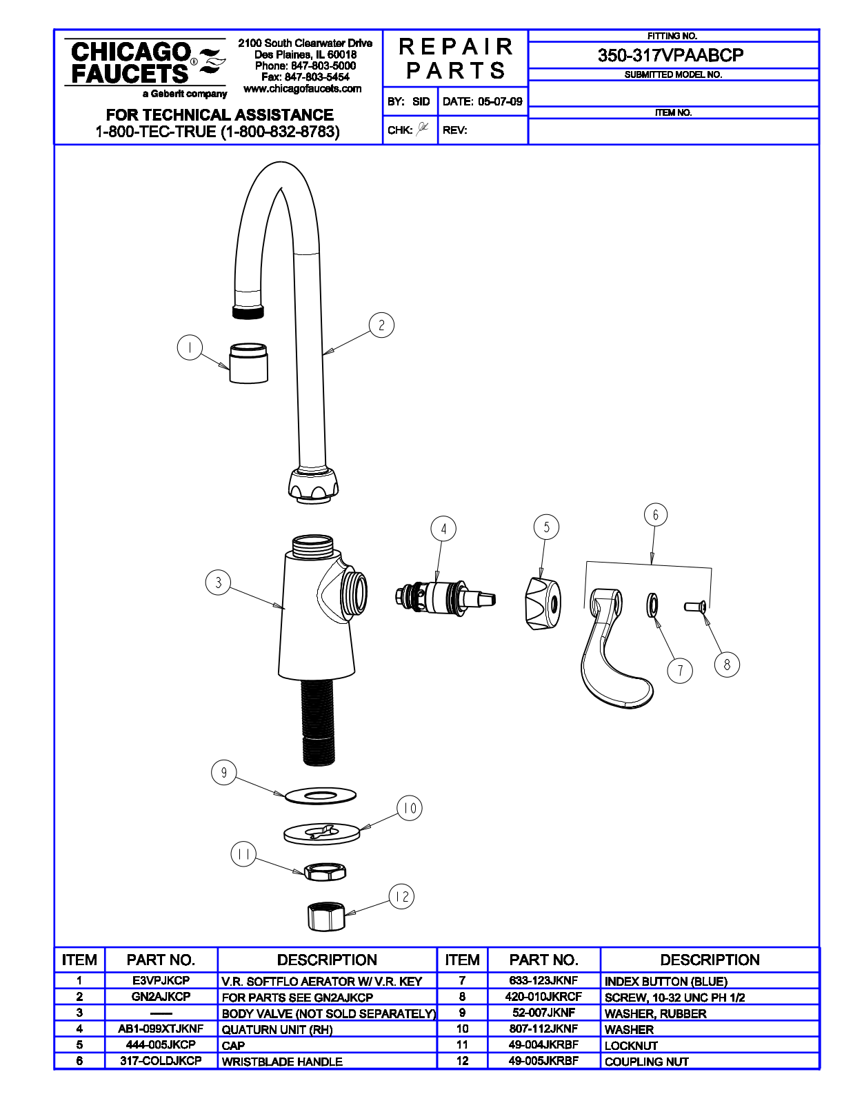 Chicago Faucet 350-317VPAABCP Parts List