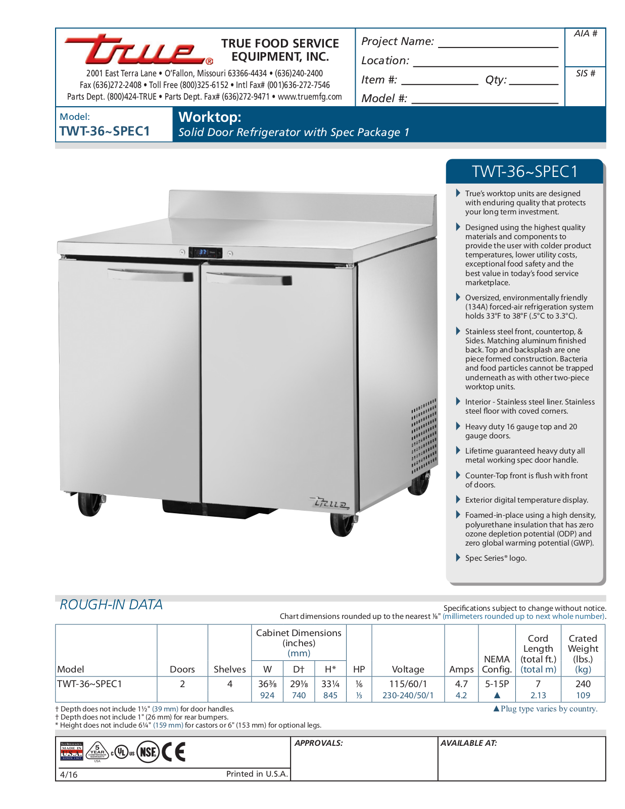 True Refrigeration TWT-36 User Manual