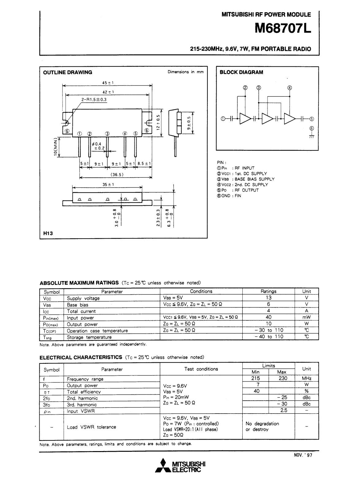 Mitsubishi M68707L Datasheet