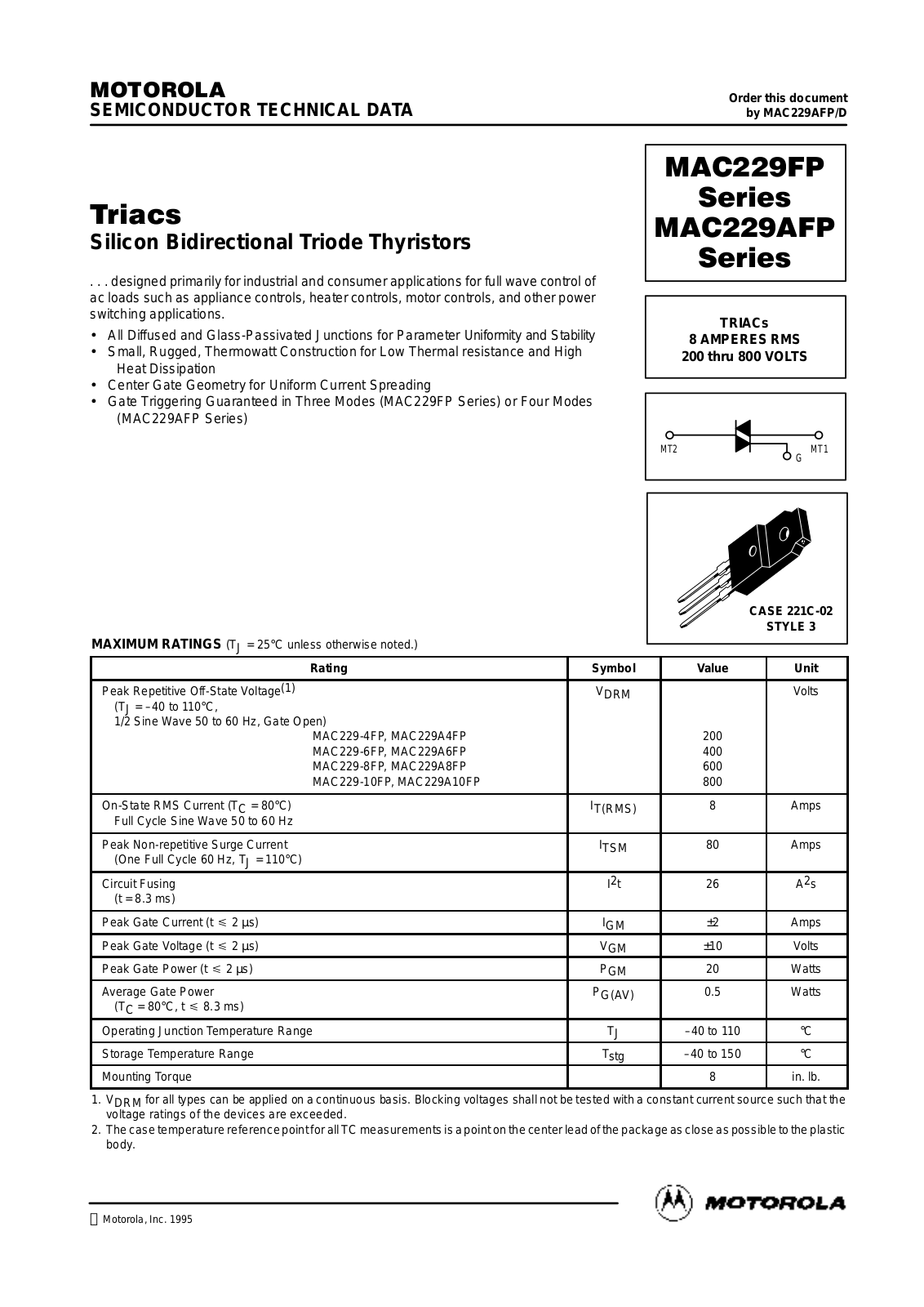 Motorola MAC229A6FP, MAC229A10FP, MAC229-6FP, MAC229-4FP, MAC229A4FP Datasheet