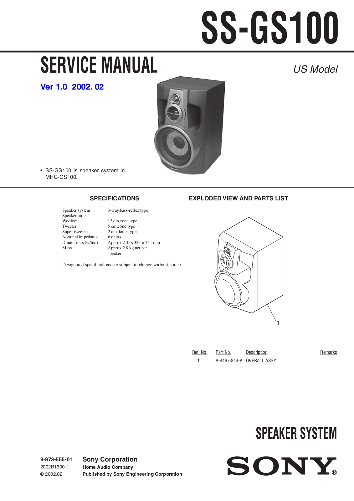Sony SS-GS100 Service Manual