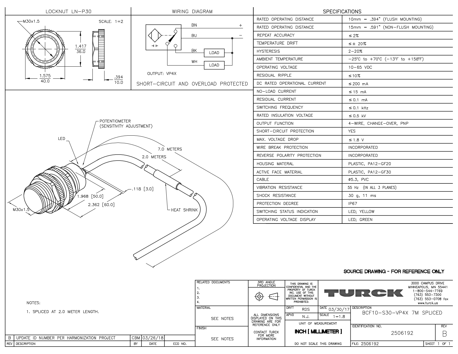 Turck BCF10-S30-VP4X7MSPLICED Data Sheet