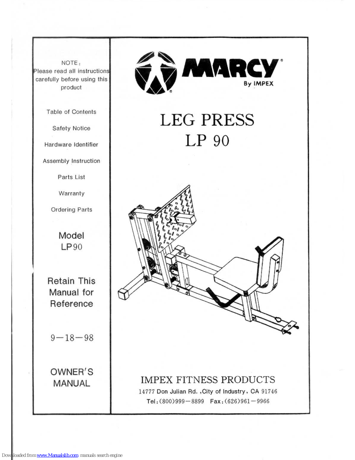 Marcy LP 90 Owner's Manual