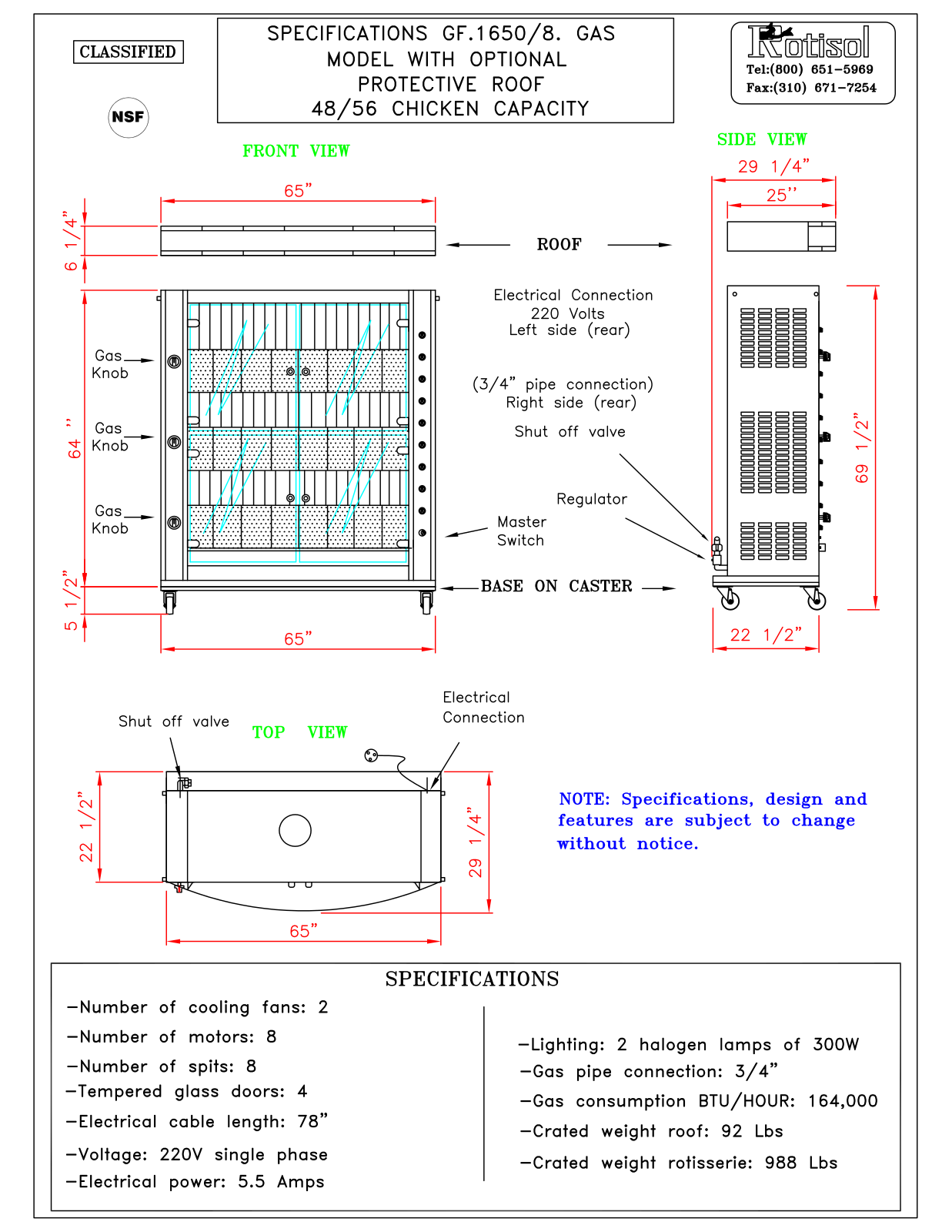 Rotisol spb168sr Specifications