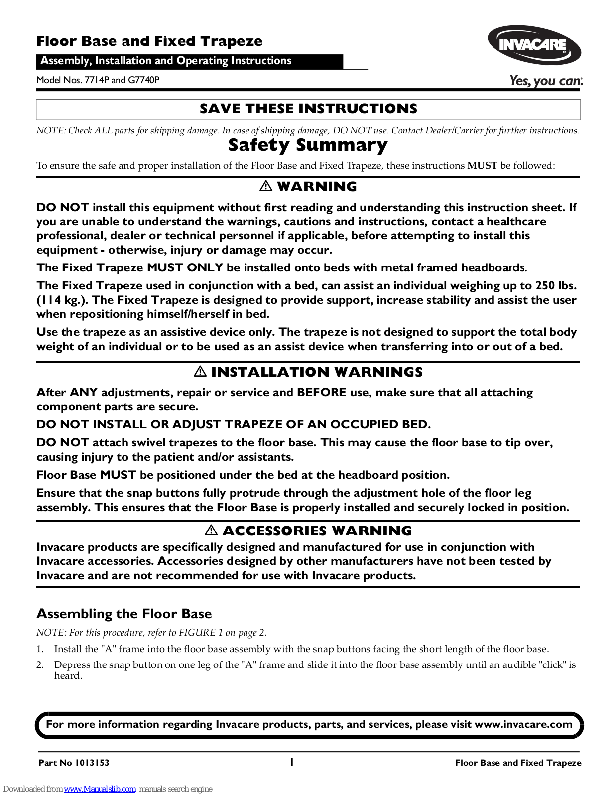 Invacare 7714P, 7740P, G7740P Installation And Operating Instructions Manual