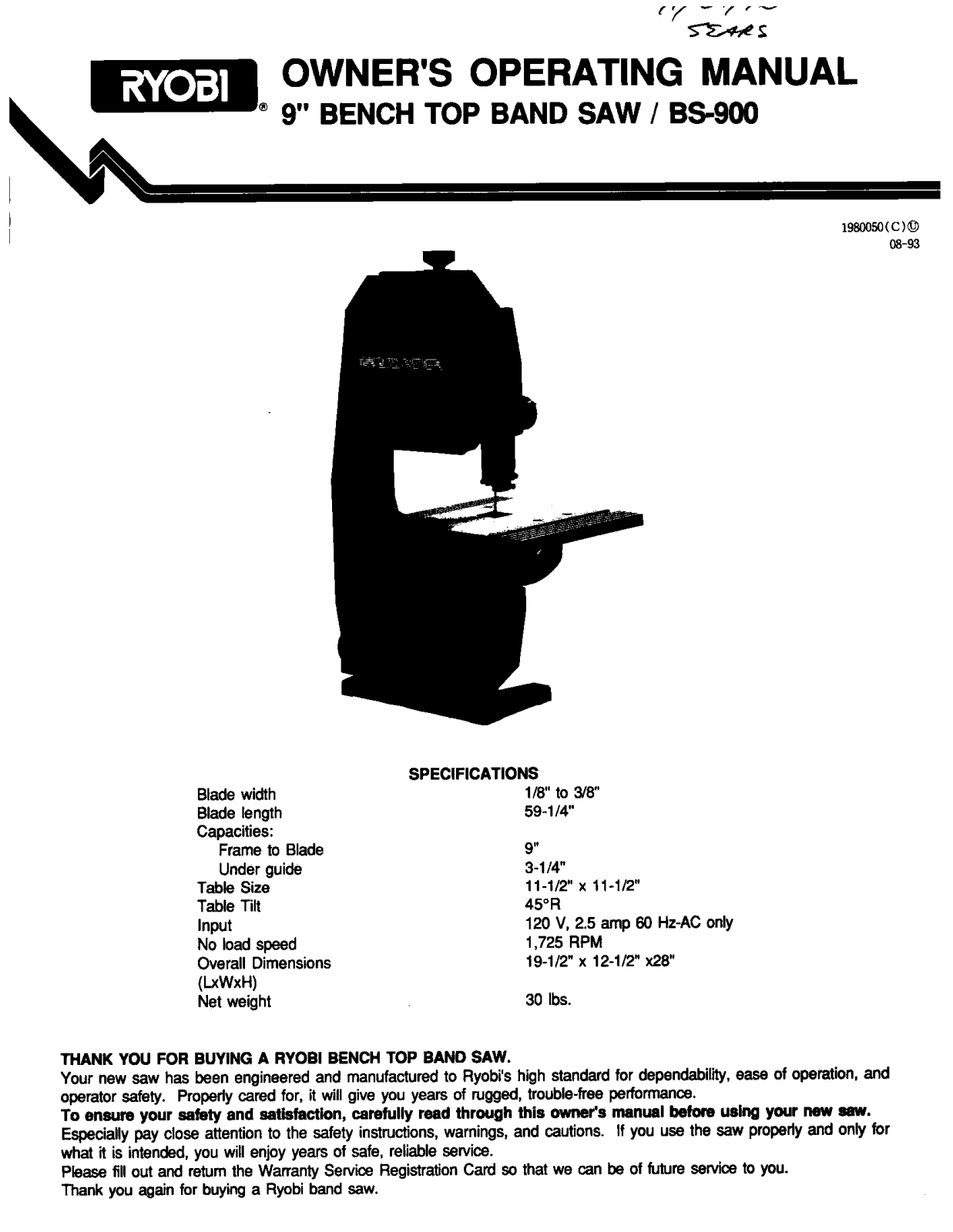 Ryobi BS900 OPERATING MANUAL