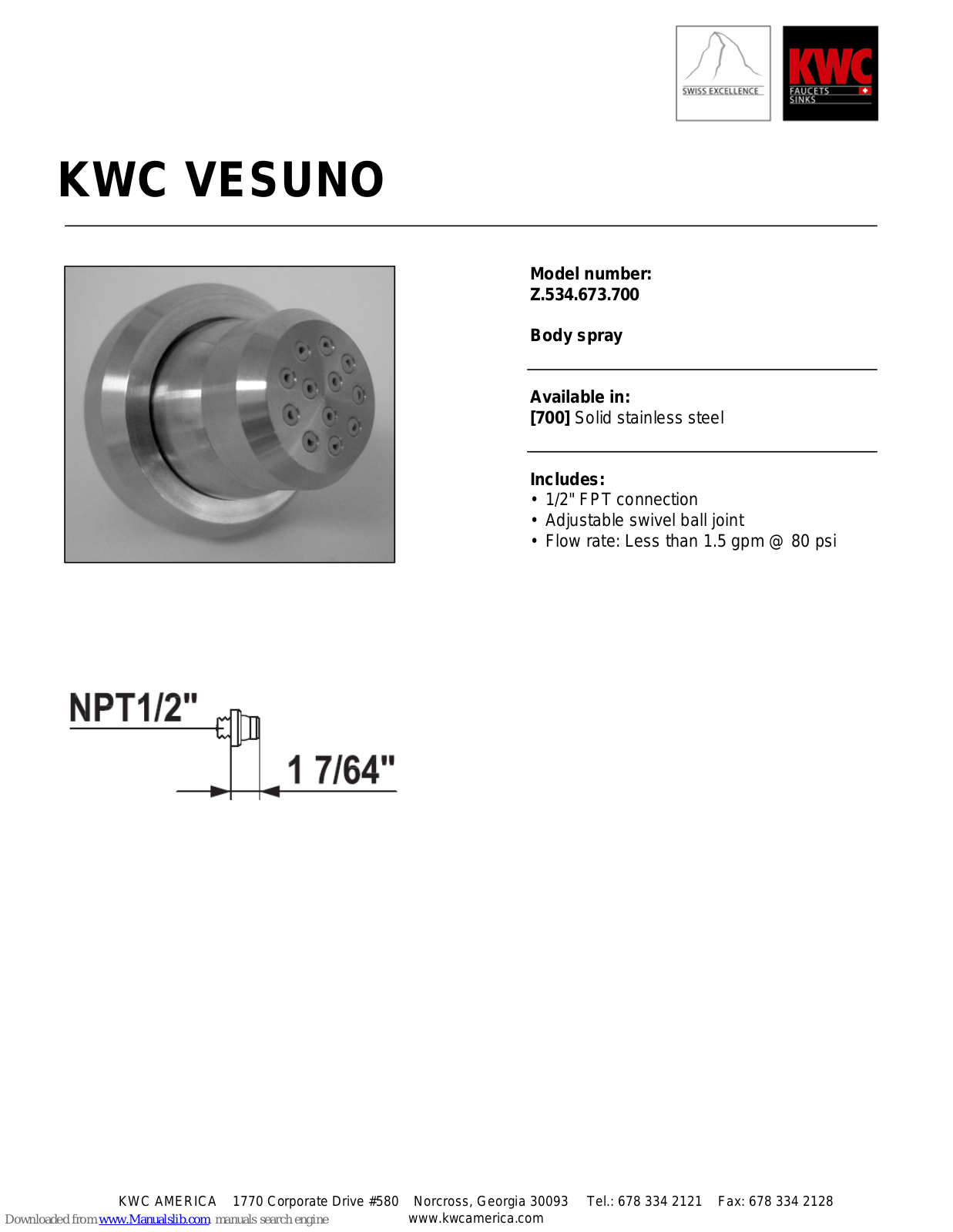 KWC VESUNO Z.534.673.700 Specification Sheet