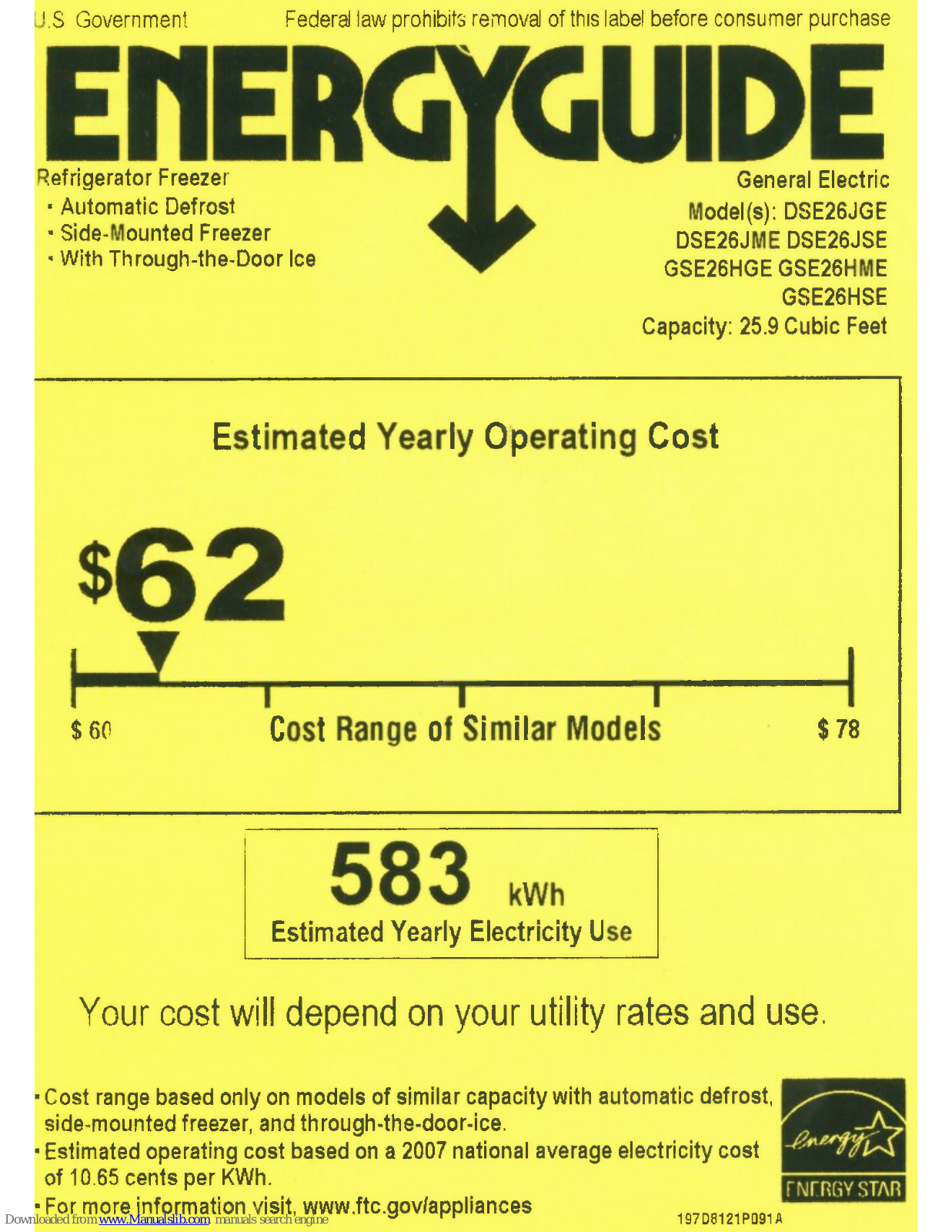 GE GSE26HSESS, DSE26JGE, DSE26JME, DSE26JSE, GSE26HGE Energy Manual