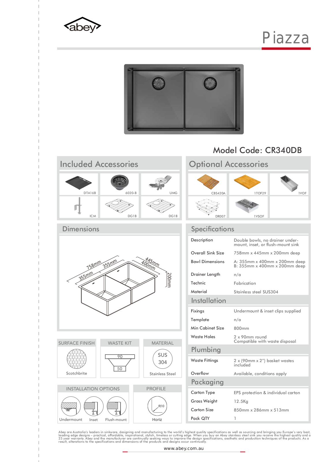 Abey CR340DB Specifications Sheet - ManualMachine.com