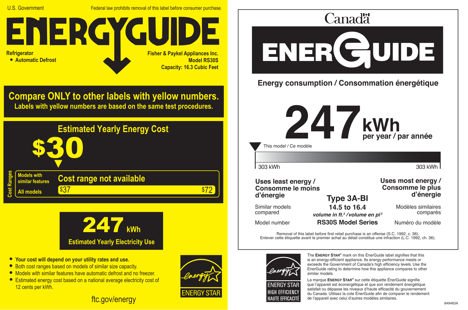 Fisher Paykel RS3084SR1 Energy Label