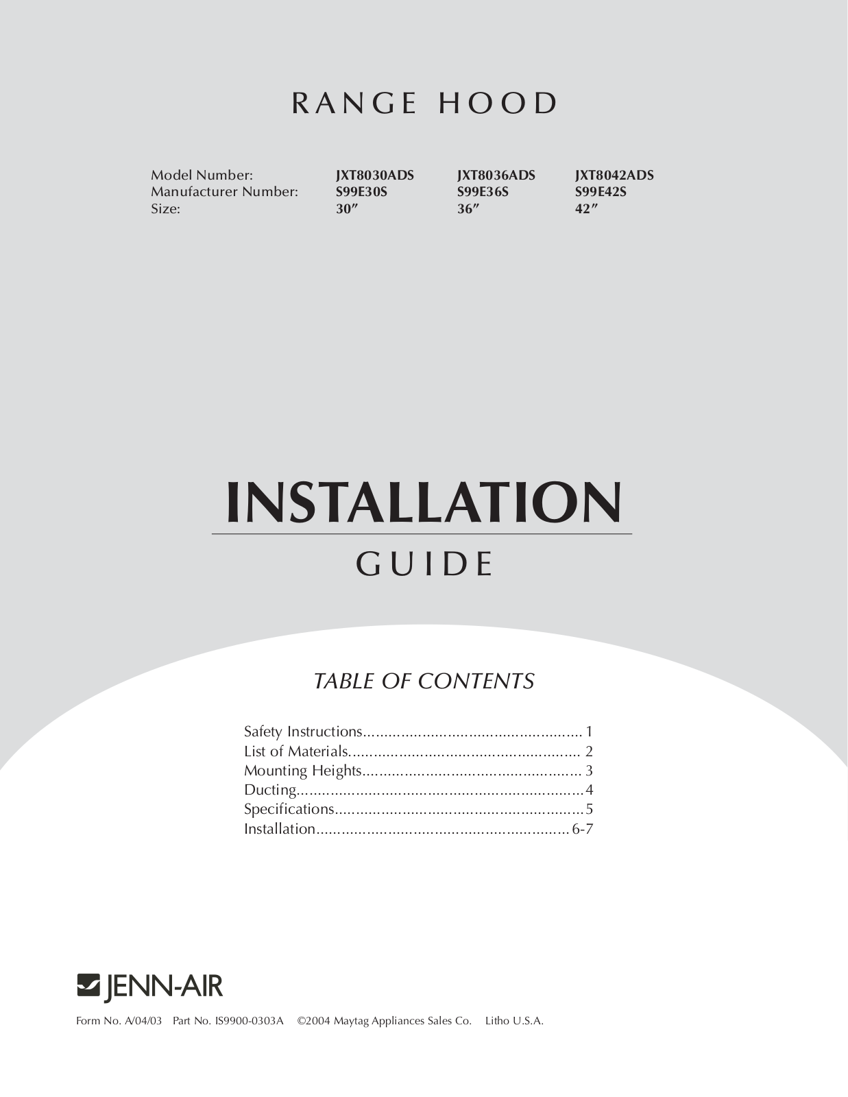 Jenn-Air JXT8030ADS, JXT8036ADS, JXT8042ADS Installation Instruction