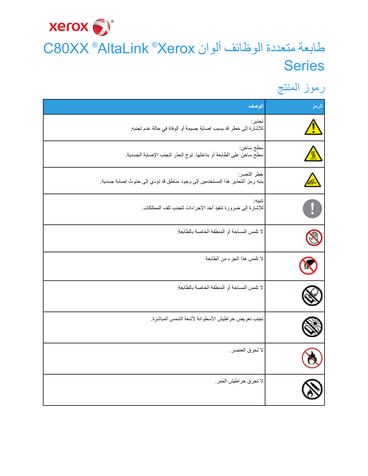 Xerox AltaLink C8030, AltaLink C8035, AltaLink C8045, AltaLink C8055, AltaLink C8070 Product symbols