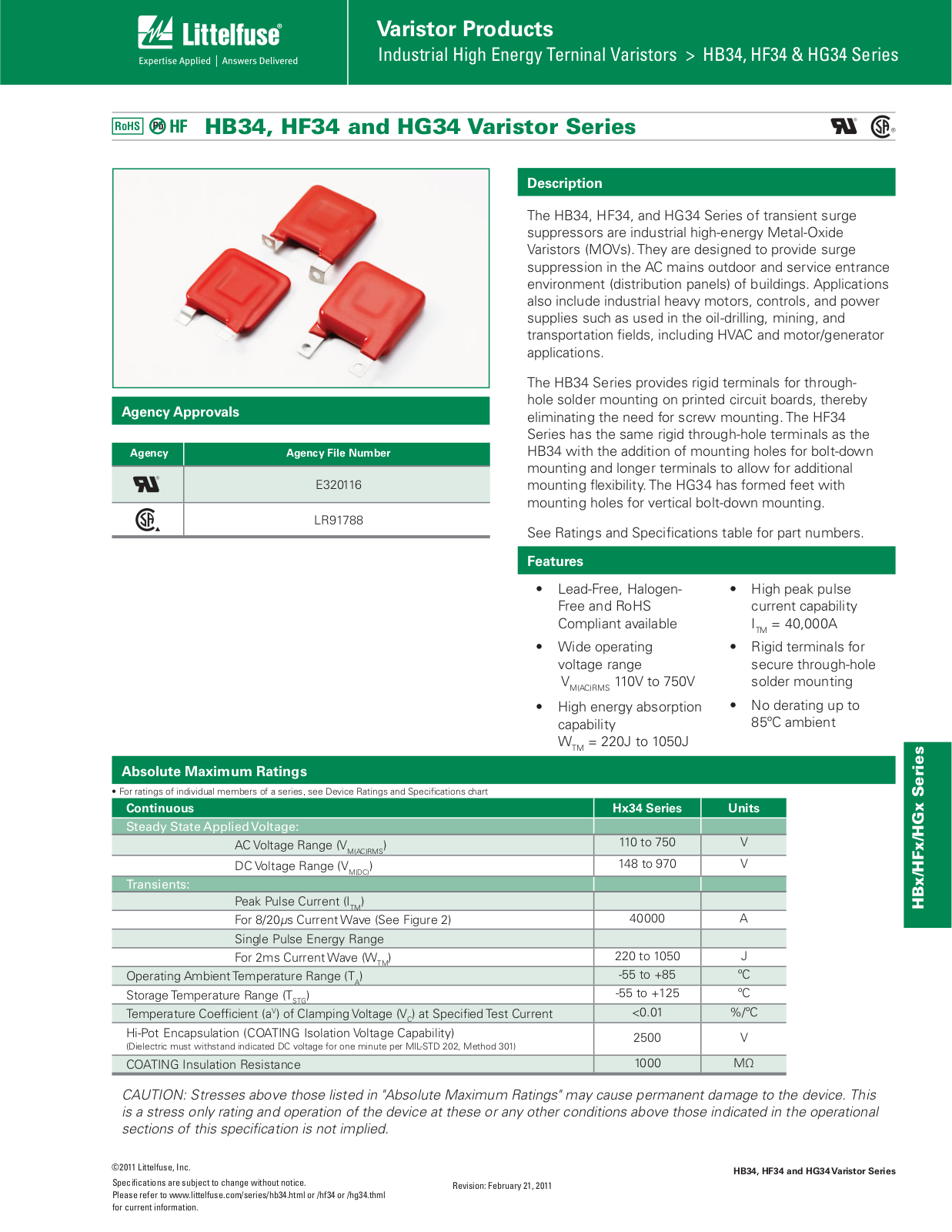 Littelfuse HB34 Series, HF34 Series, HG34 Series Catalog Page