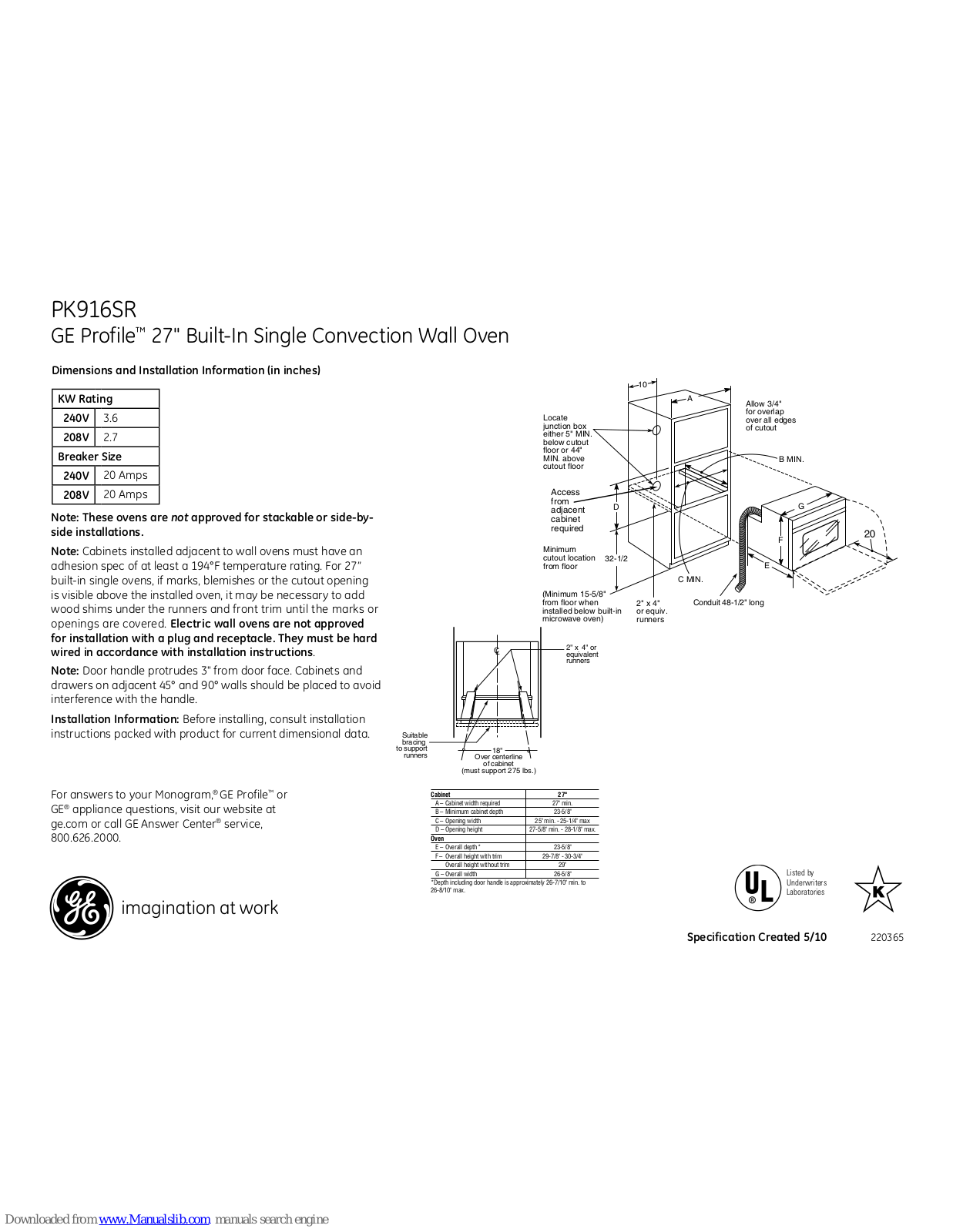 GE Profile PK916SRSS, Profile PK916SR Dimensions And Installation Information