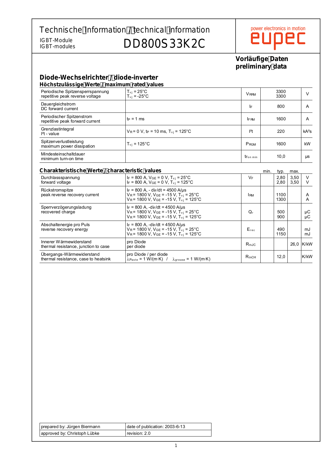 Infineon DD800S33K2C Data Sheet