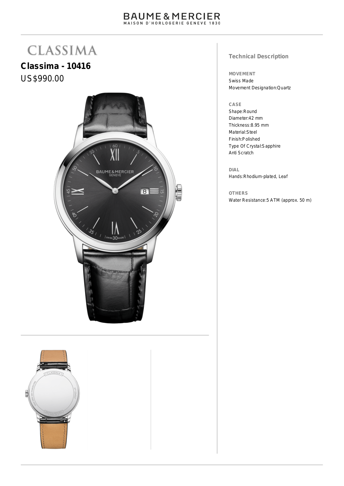 Baume & Mercier Classima - 10416 Specifications