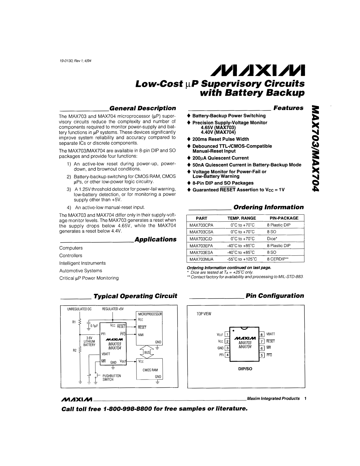 Maxim MAX704ESA, MAX704MJA, MAX704C-D, MAX704CPA, MAX704CSA Datasheet