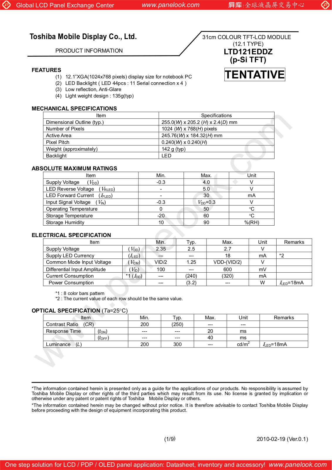 TOSHIBA LTD121EDDZ Specification