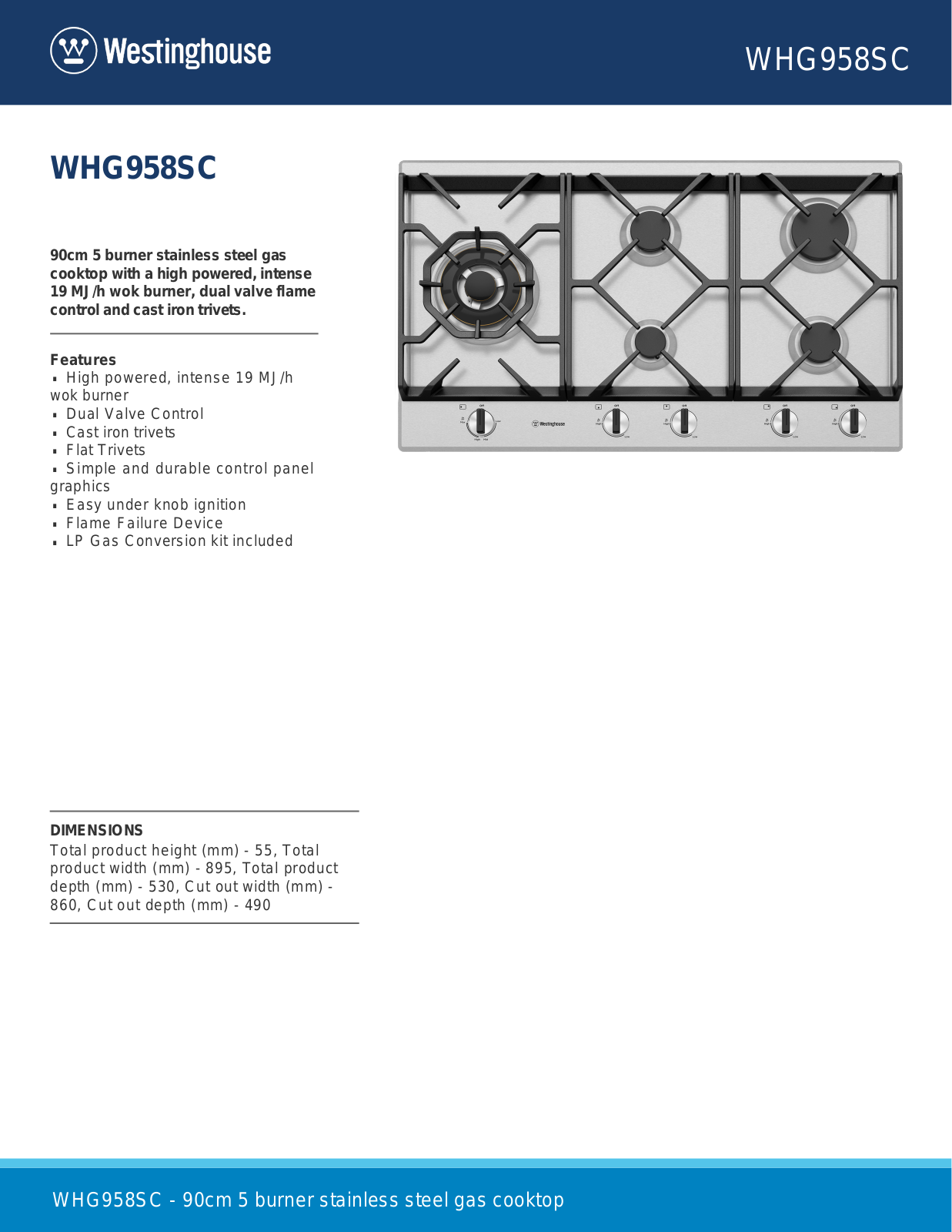 Westinghouse WHG958SC Specifications Sheet