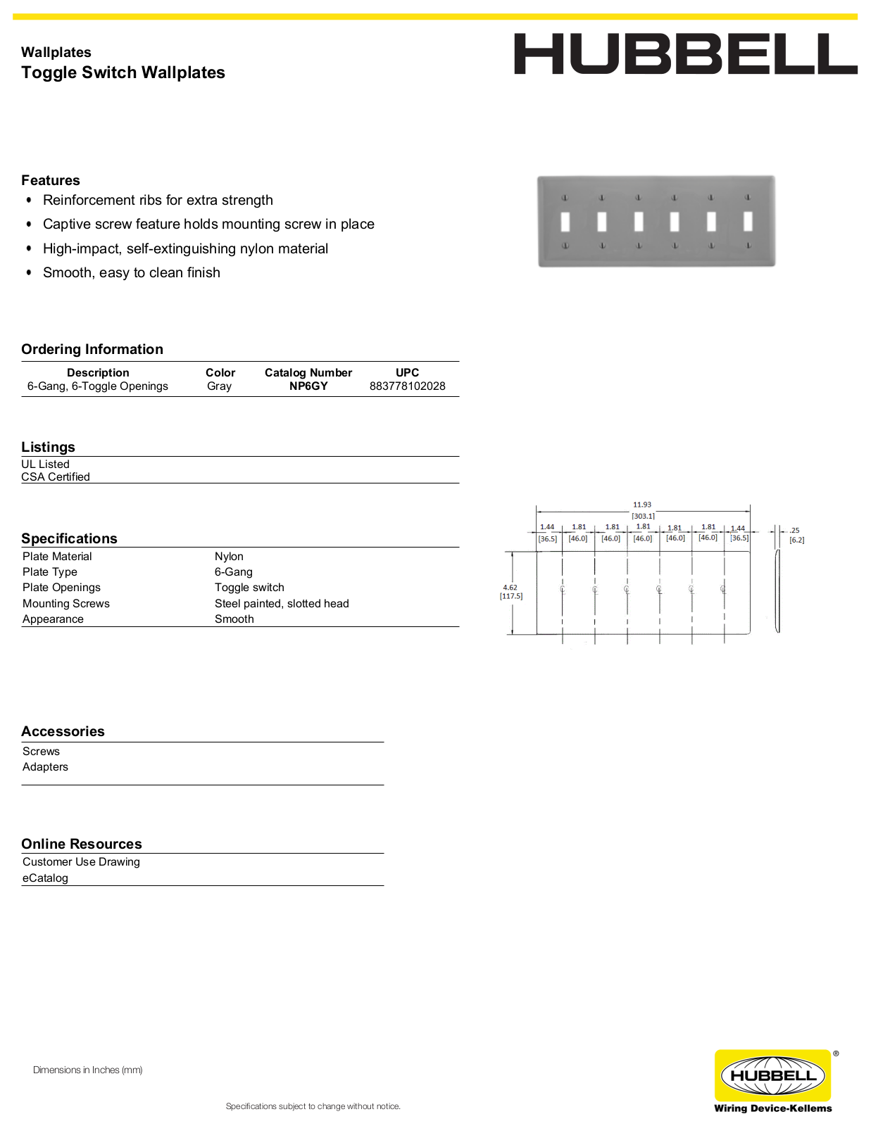 Hubbell NP6GY Specifications