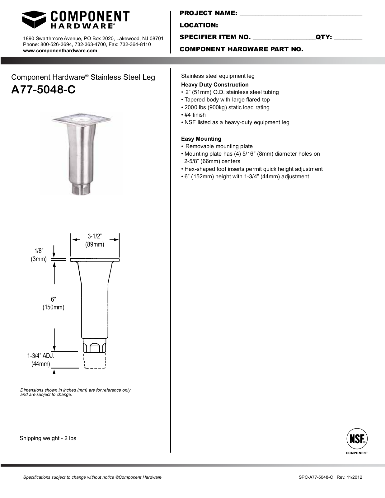 Component Hardware A77-5048-C User Manual