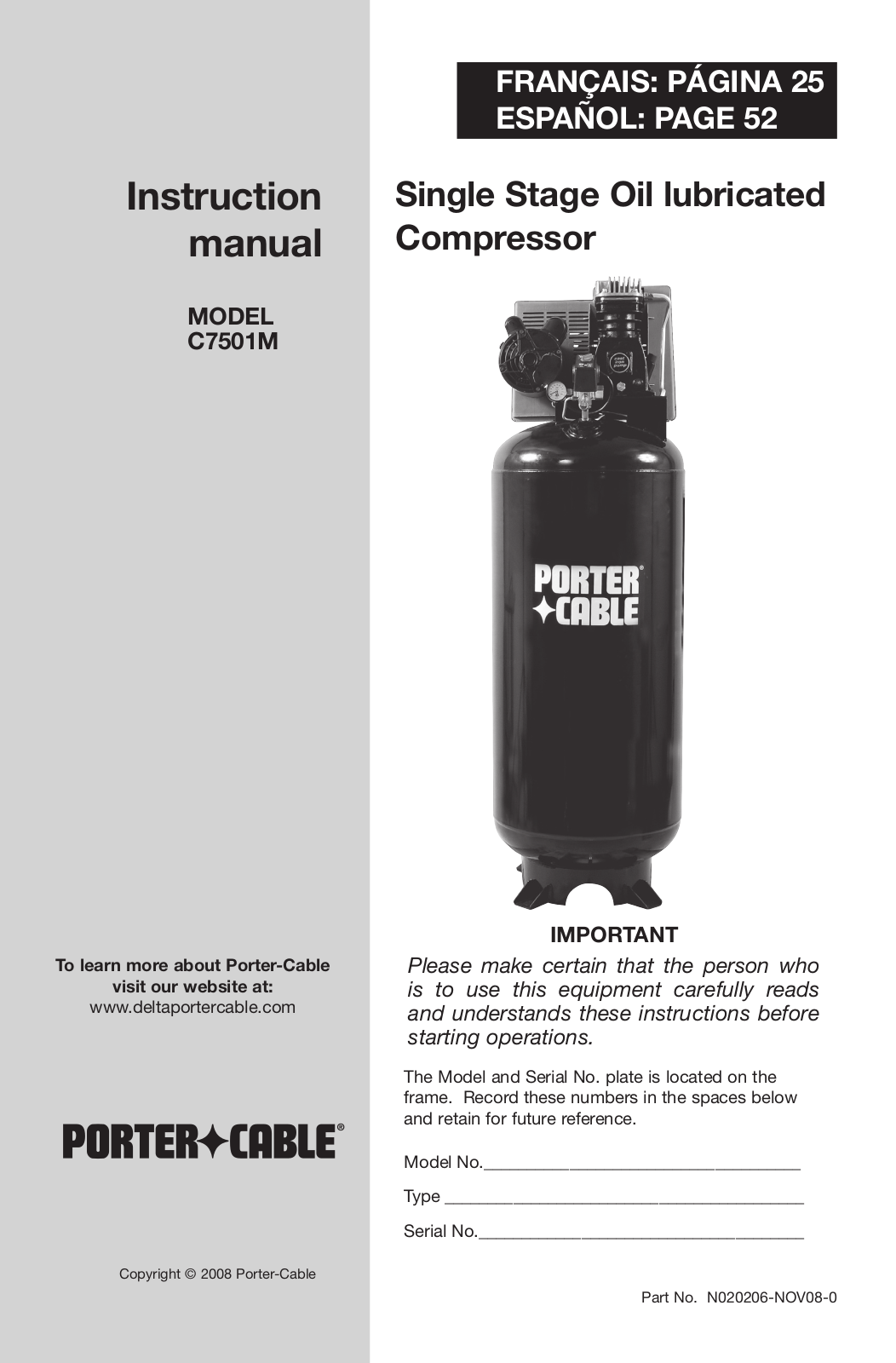 Porter-Cable N020206, C7501M, NOV08-0 User Manual