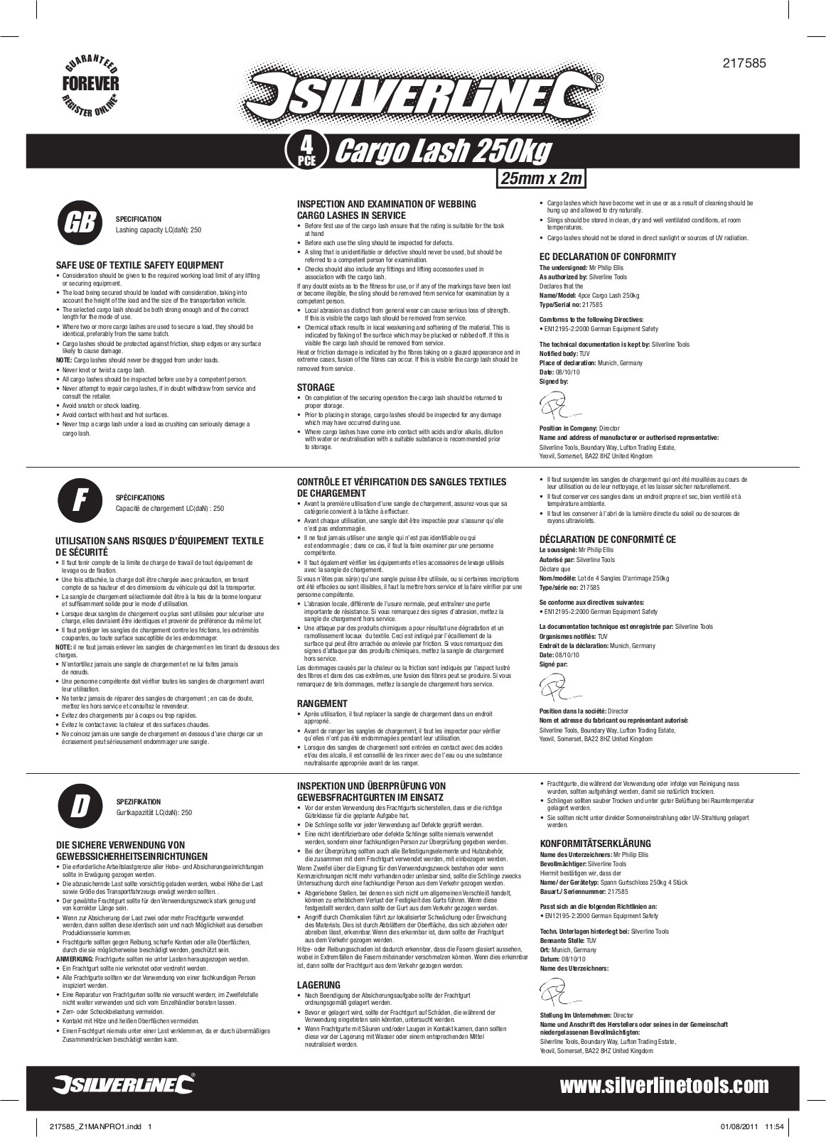 Silverline Cargo Lash 250kg Set 4pce User Manual