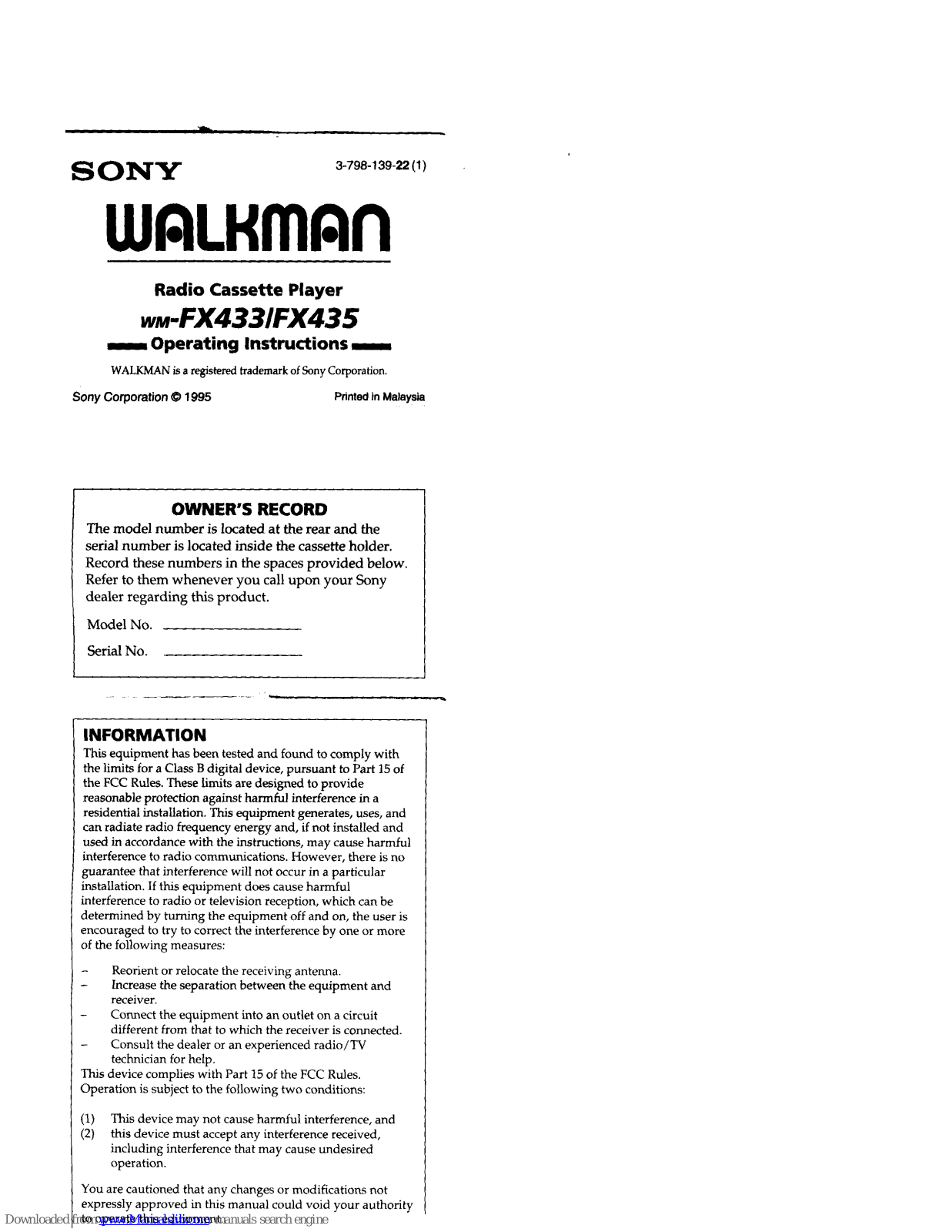 Sony Walkman WM-FX433, Walkman WM-FX435 Operating Instructions Manual