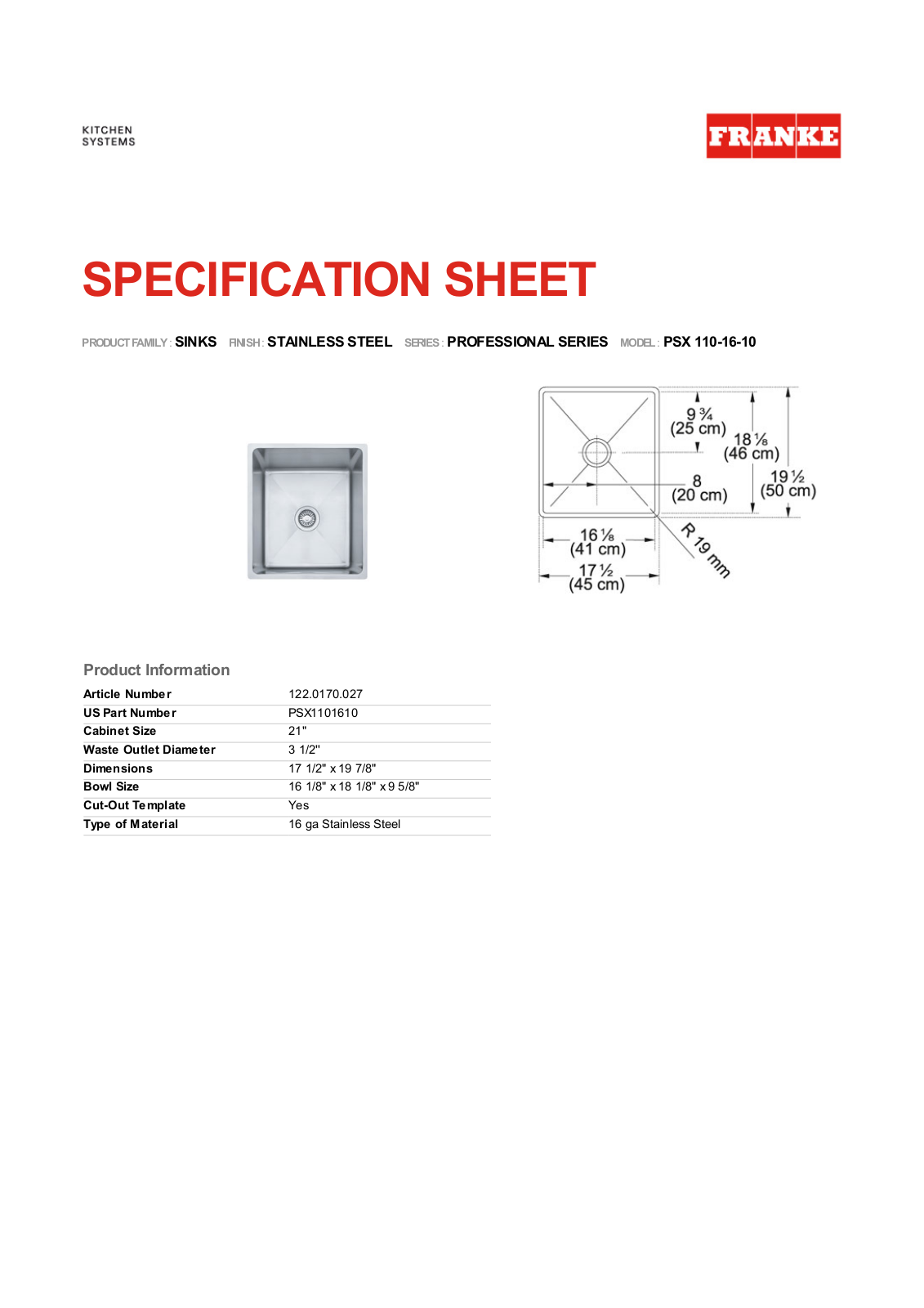 Franke Foodservice PSX 110-16-10 User Manual