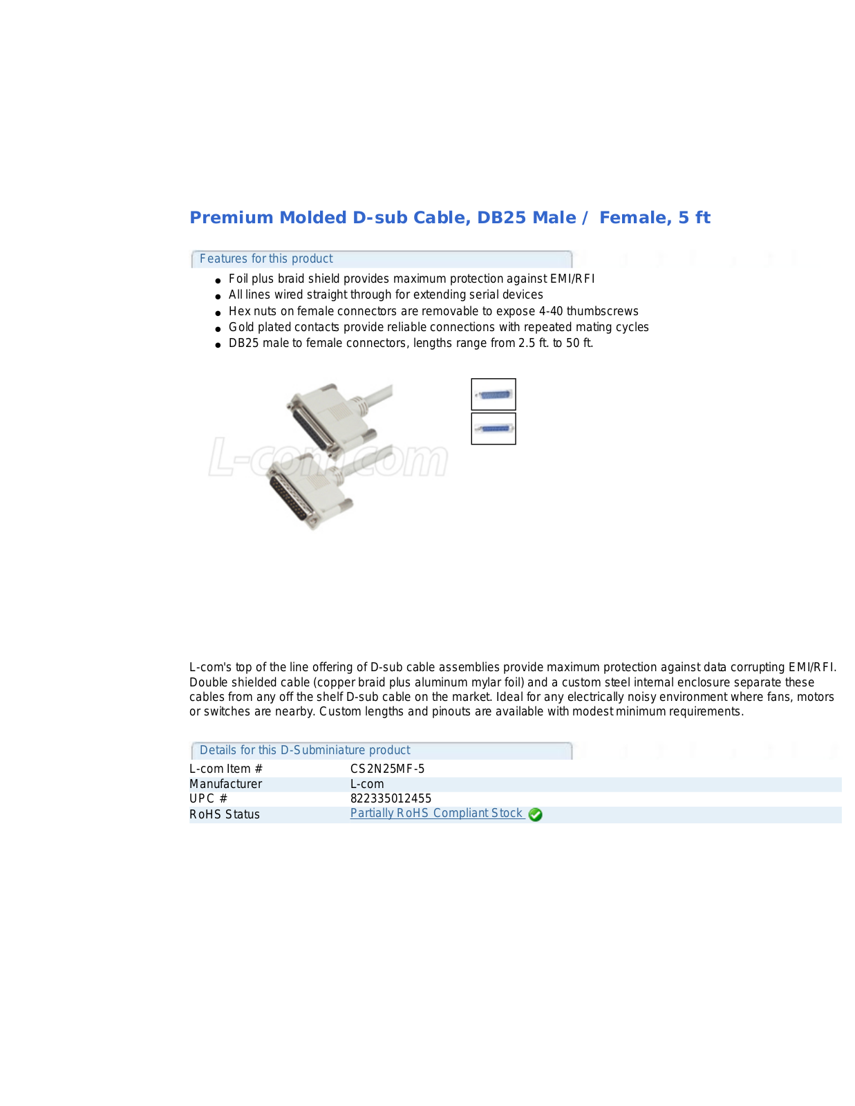 L-com DB25 Male-Female 5 ft User Manual - ManualMachine.com