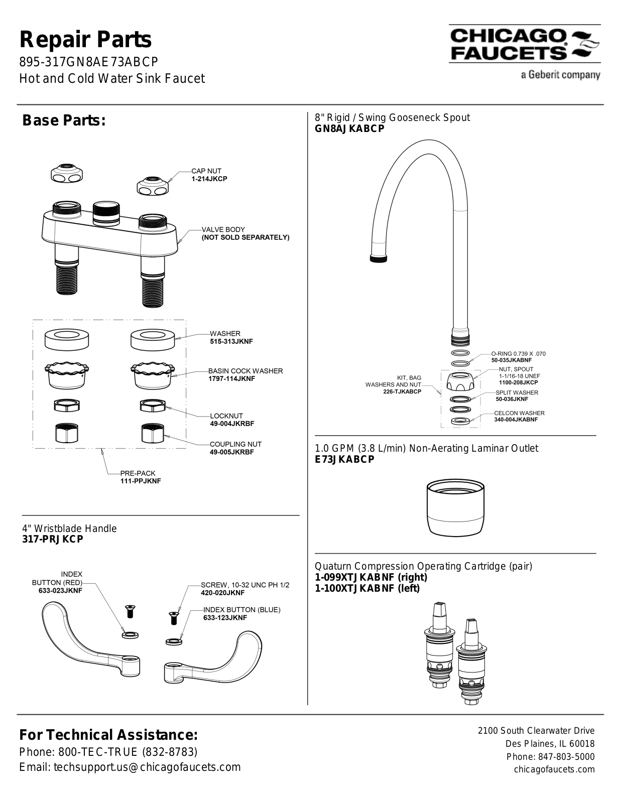 Chicago Faucet 895-317GN8AE73AB Parts List