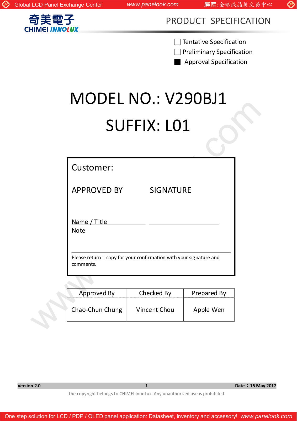 CMO V290BJ1-L01 Specification