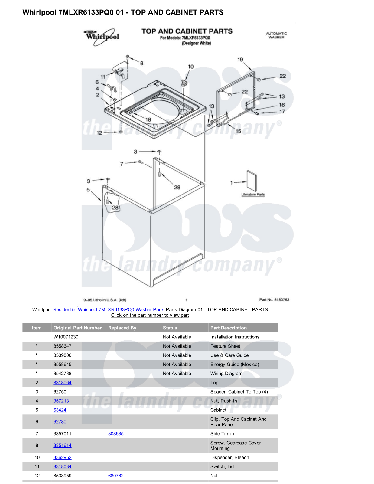 Whirlpool 7MLXR6133PQ0 Parts Diagram