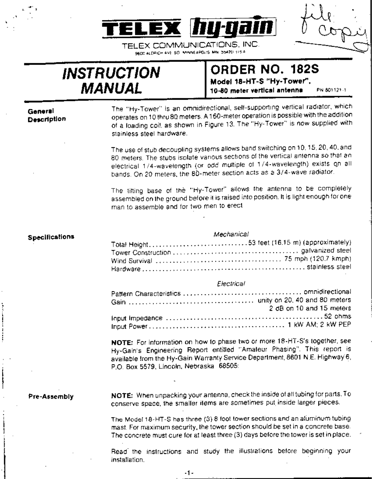 Hy-Gain 18-HT-S Hy-Tower User Manual