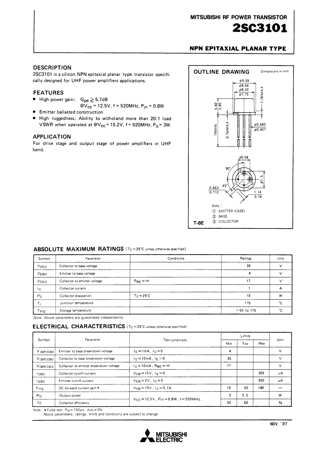 Mitsubishi Electric Corporation Semiconductor Group 2SC3101 Datasheet