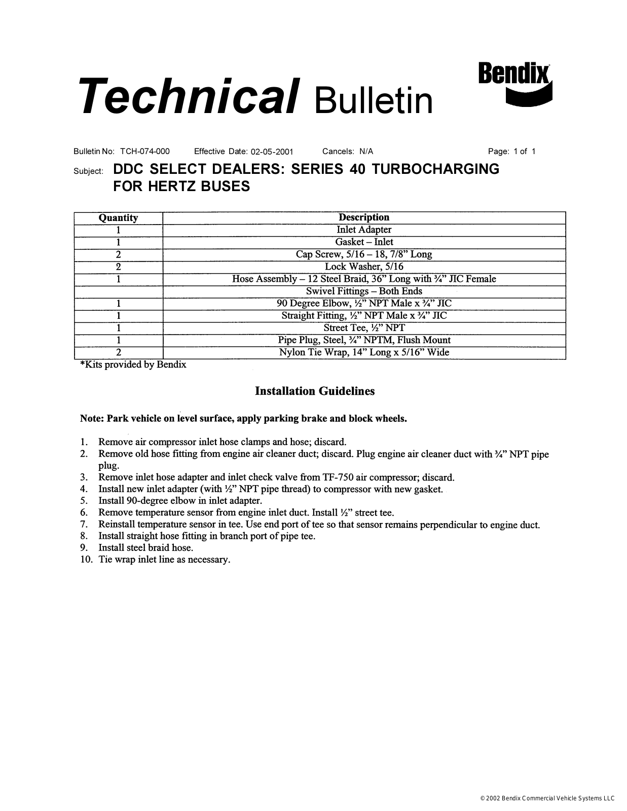 BENDIX TCH-074-000 User Manual