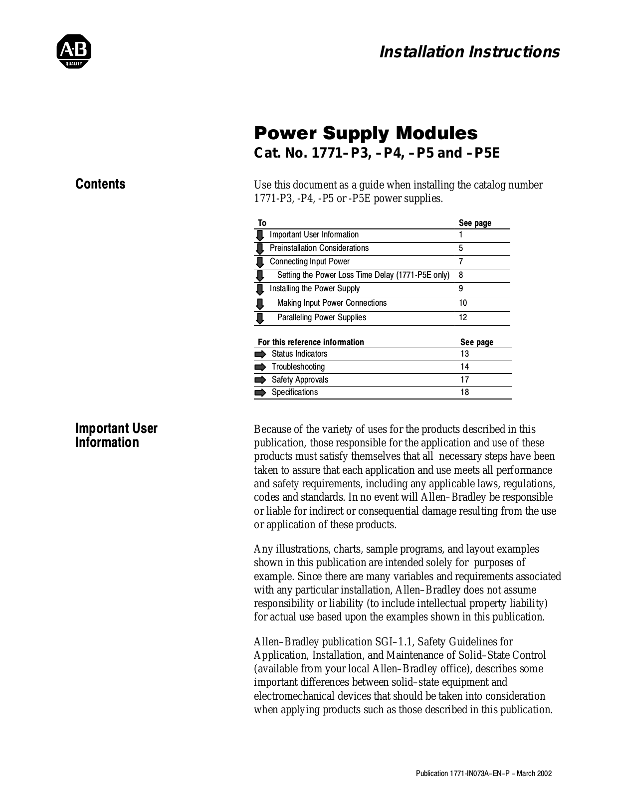 Rockwell Automation 1771-P3, 1771-P4, 1771-P5, 1771-P5E User Manual