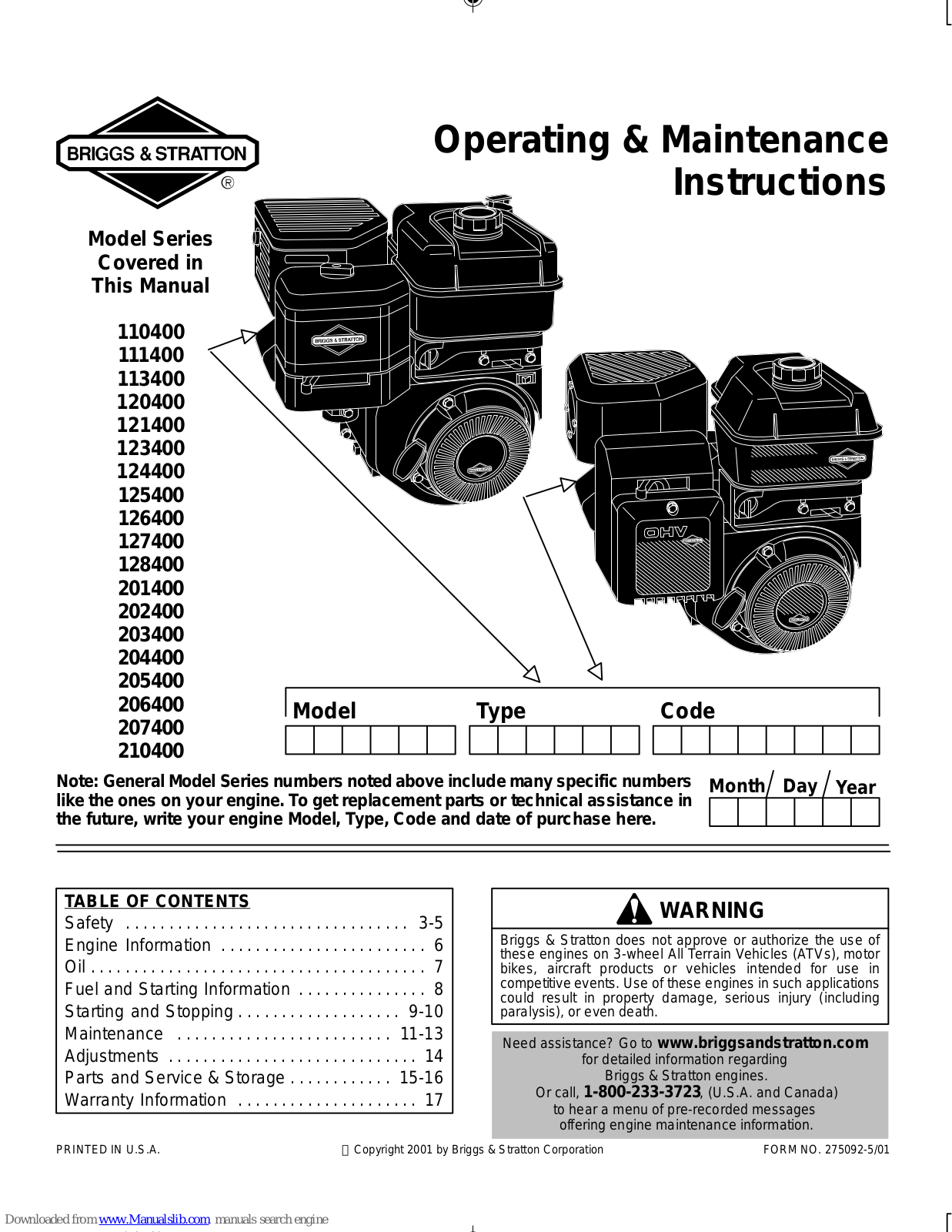 Briggs & Stratton 124400, 111400, 120400, 125400, 126400 Operating & Maintenance Instructions