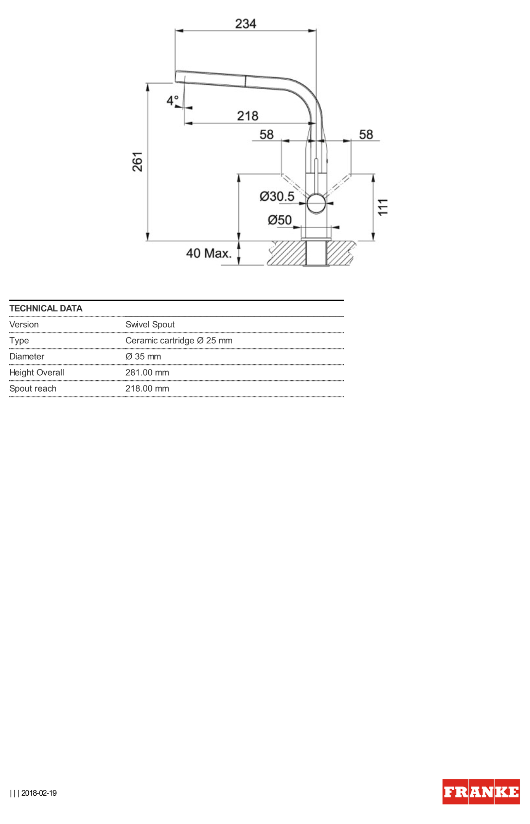 Franke TA6301W Specifications Sheet