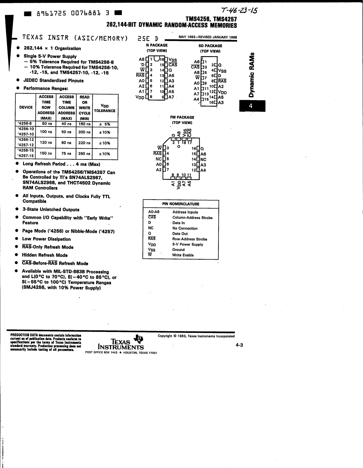 Texas Instruments TMS4257-15SDS, TMS4257-15SDL, TMS4257-15SDE, TMS4257-15NS, TMS4257-15NL Datasheet