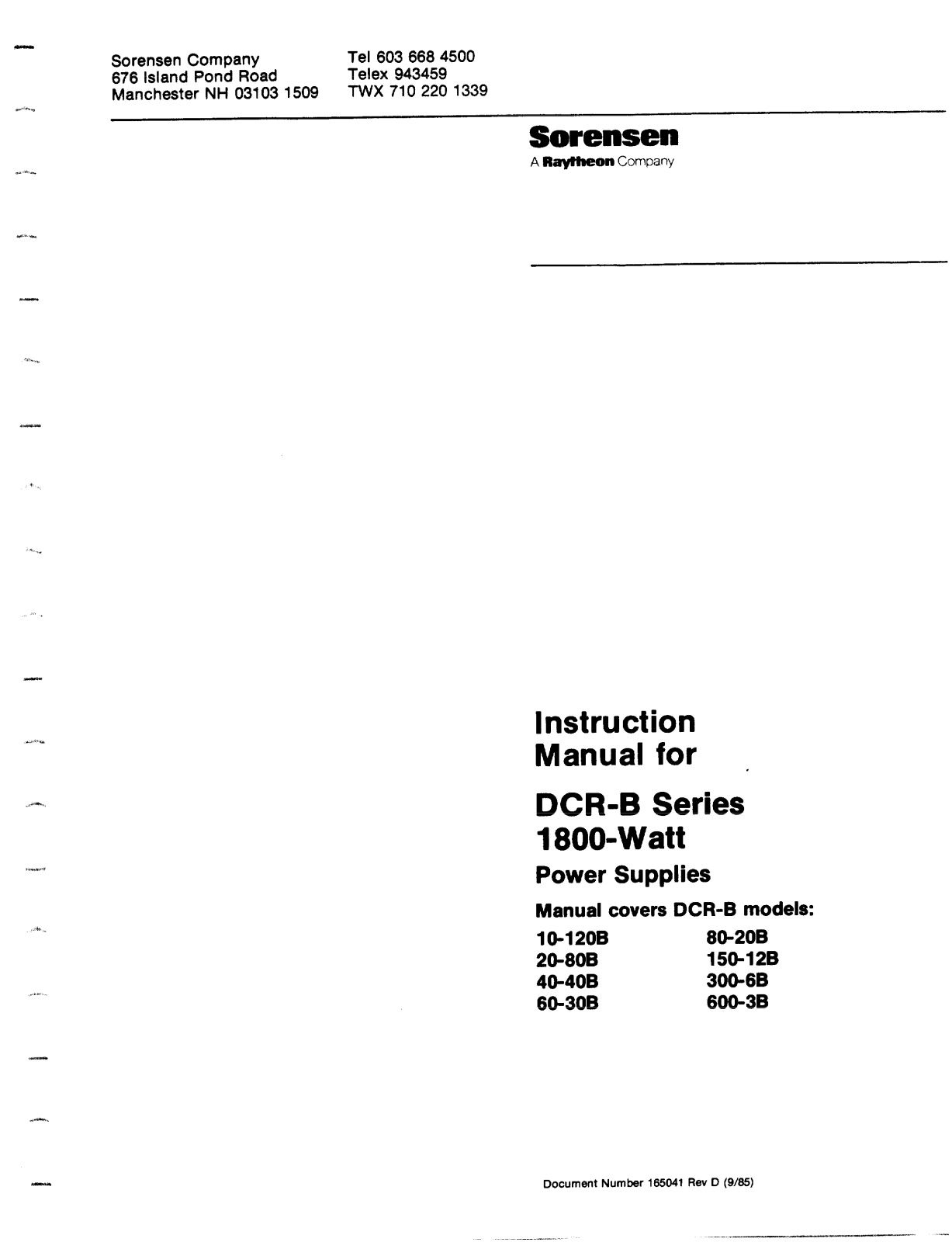 Sorensen DCR-800-3B, DCR-80-30B, DCR-300-8B, DCR-40-40B, DCR-150-12B Service manual