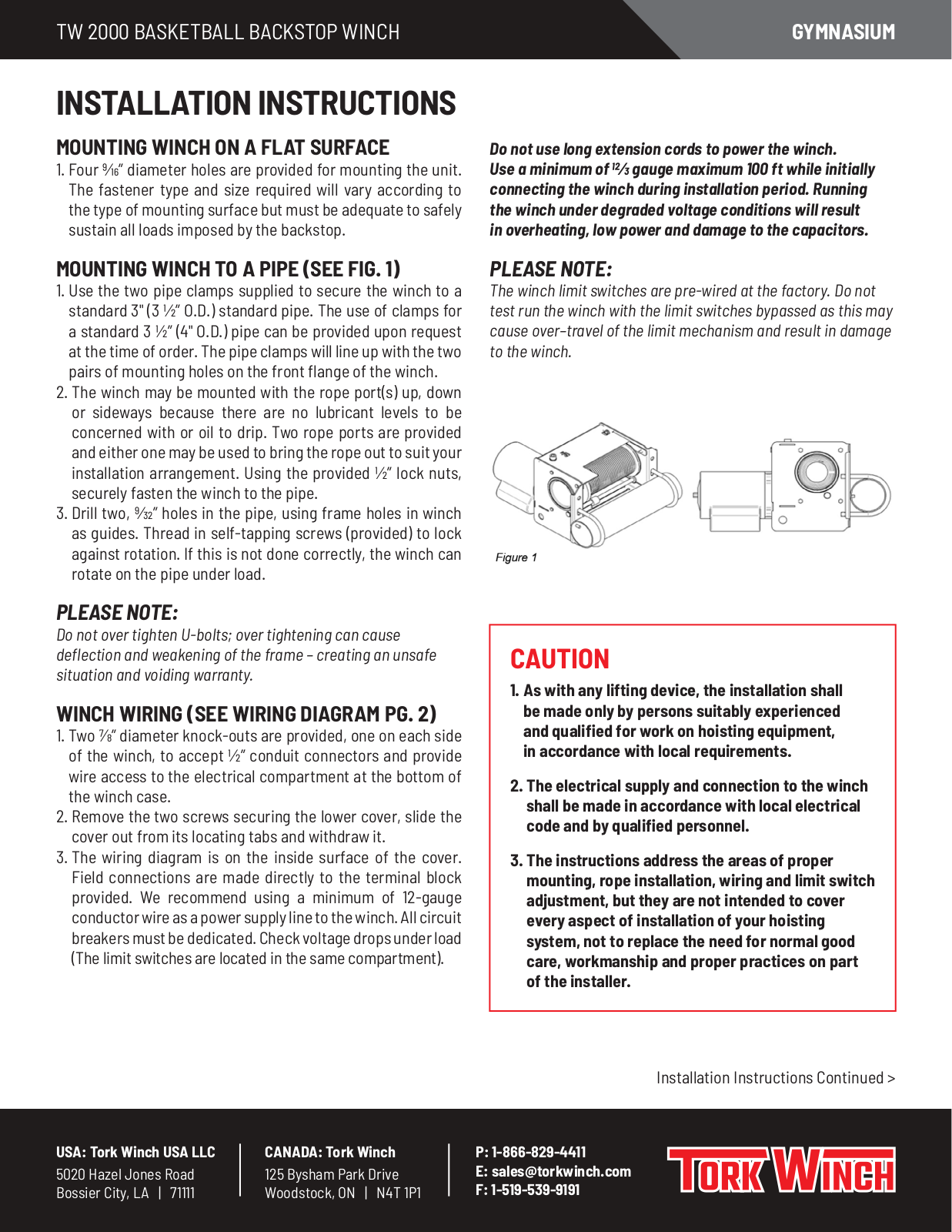 Tork Winch TW 2000 Installation Instructions Manual