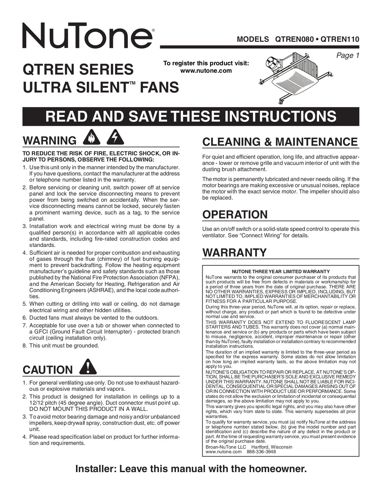 NuTone QTREN080, QTREN110 User Manual