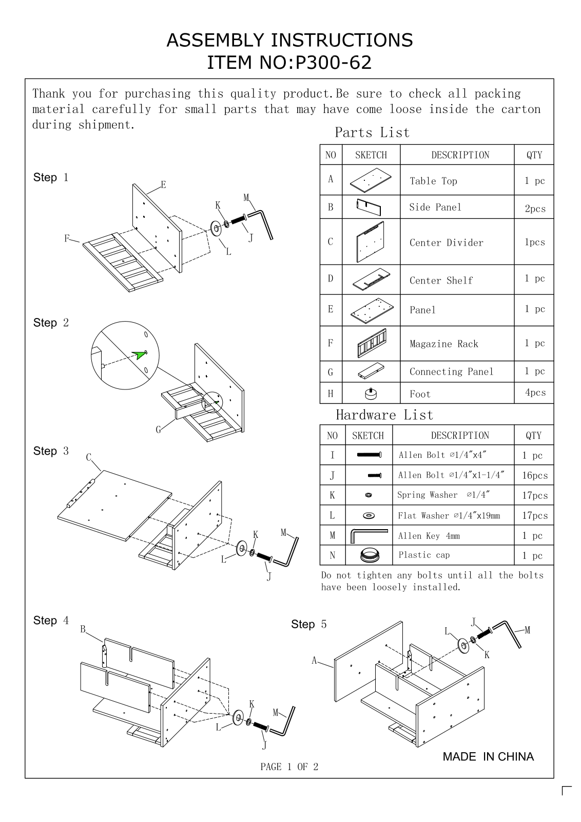 Progressive Furniture P30062 Assembly Guide