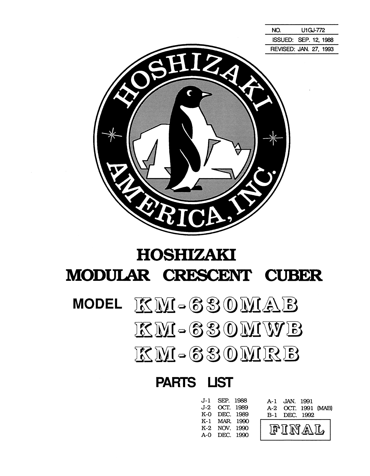 Hoshizaki America KM-630MAB-A-0 Parts List