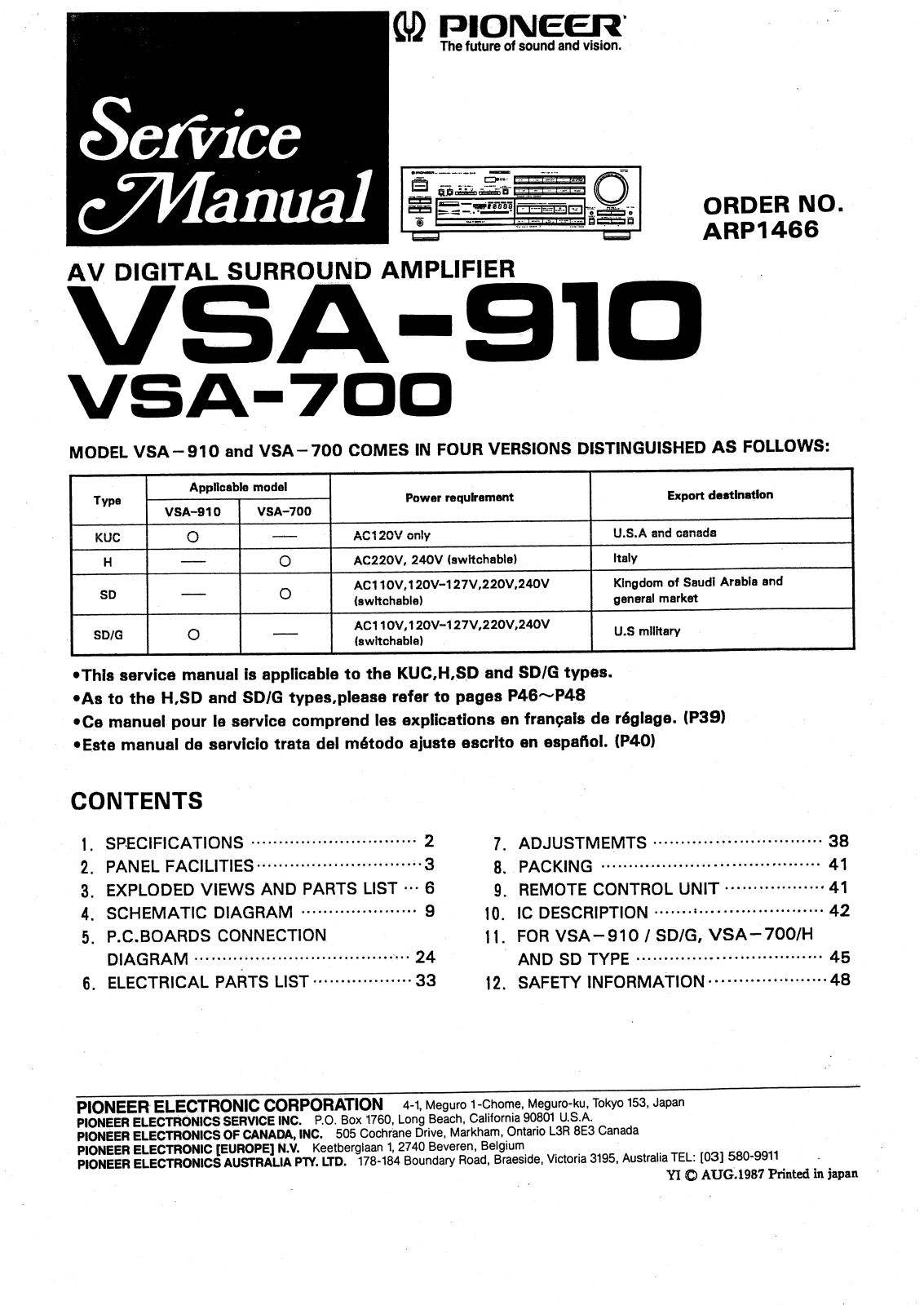 Pioneer VSA700, VSA910 Service Manual