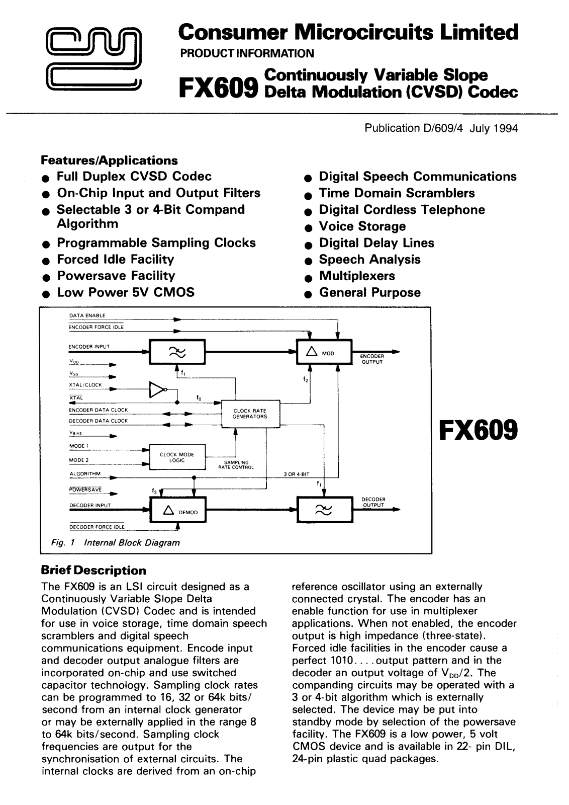 Consumer Microcircuits Limited FX609LG, FX609L2, FX609J Datasheet