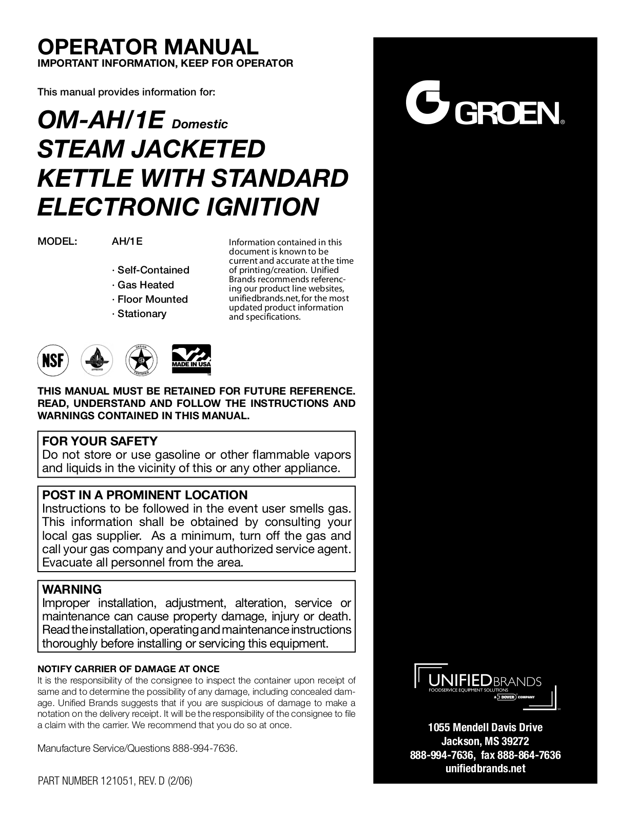 Groen AH/1E Operation Manual