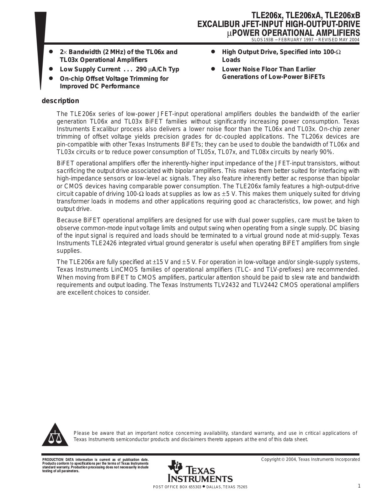 TEXAS INSTRUMENTS TLE206X Technical data